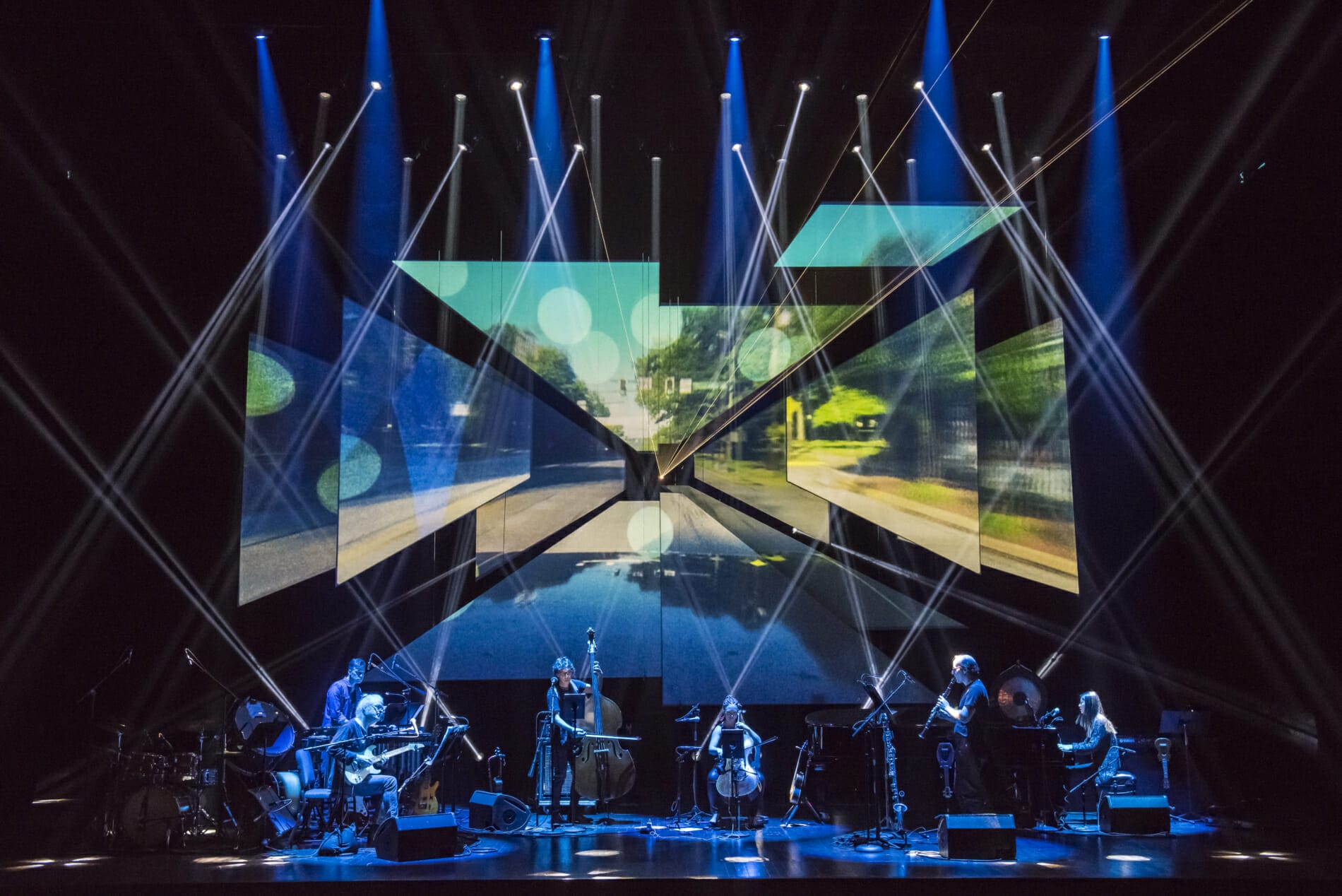 Bang on A Can All-Stars perform "Road Trip" Music by Michael Gordon, David Lang, and Julia Wolfe Directed by Michael Counts, at the BAM Opera House on October 27, 2017. PERFORMED BY Bang on a Can All-Stars Ashley Bathgate cello Robert Black bass Vicky Chow piano and keyboard David Cossin percussion Mark Stewart guitar Ken Thomson clarinet and bass clarine Photo Credit: Stephanie Berger.